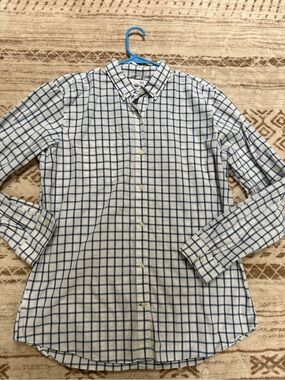GAP Men's White and Blue Windowpane Button-Down Shirt